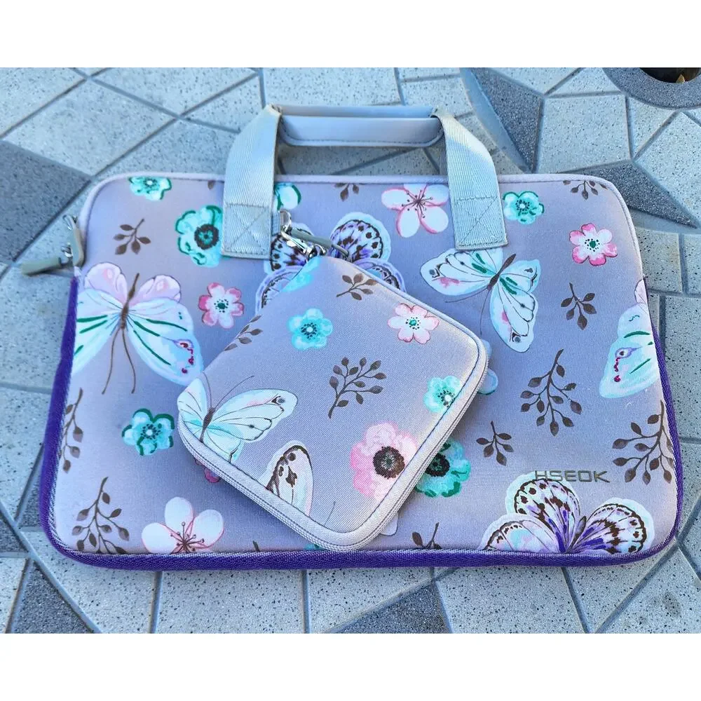 Customized Butterfly Neoprene Laptop Sleeve Tech Pouch Travel Set